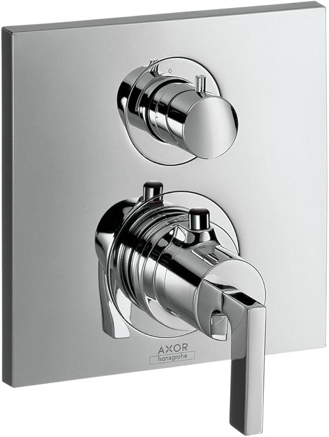 Chrome thermostatic shower valve trim with round upper control and rectangular lever diverter handle on rectangular escutcheo