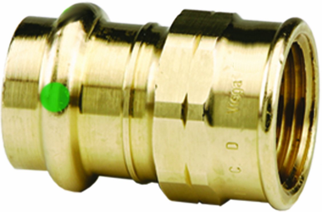 Bronze press fitting with 1-1/4" connections on both ends and green indicator dot on the body.