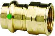 Bronze press fitting with 1-1/4" connections on both ends and green indicator dot on the body.
