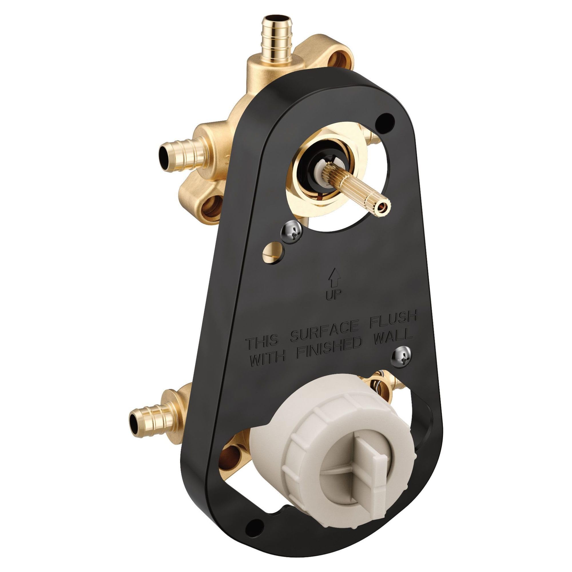Brass transfer valve with black trim plate, PEX connections, and white cartridge valve body for multi-function shower control
