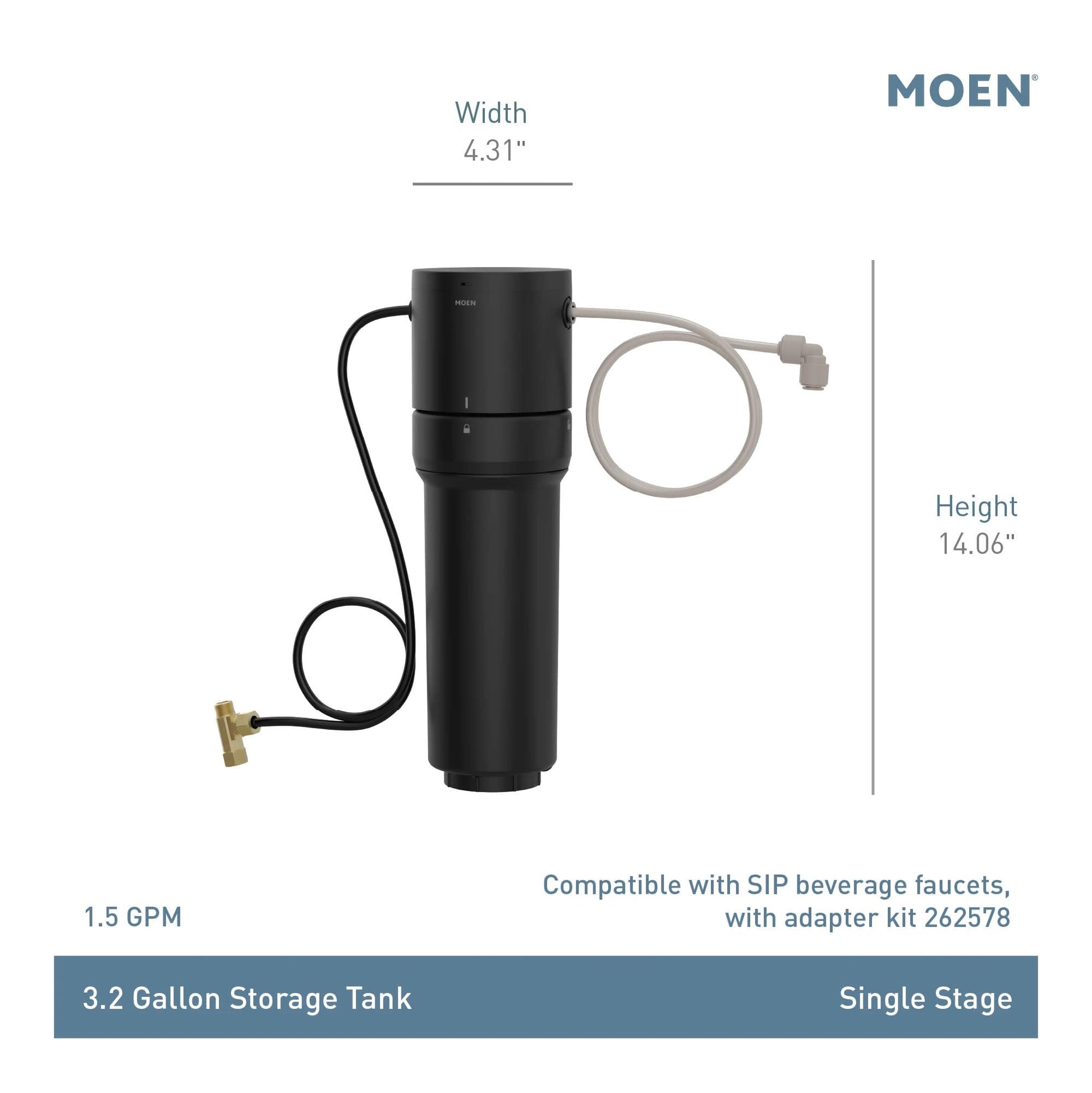 Black cylindrical under-sink water filter with gray tubing, inlet connector, and black power cord on white background.