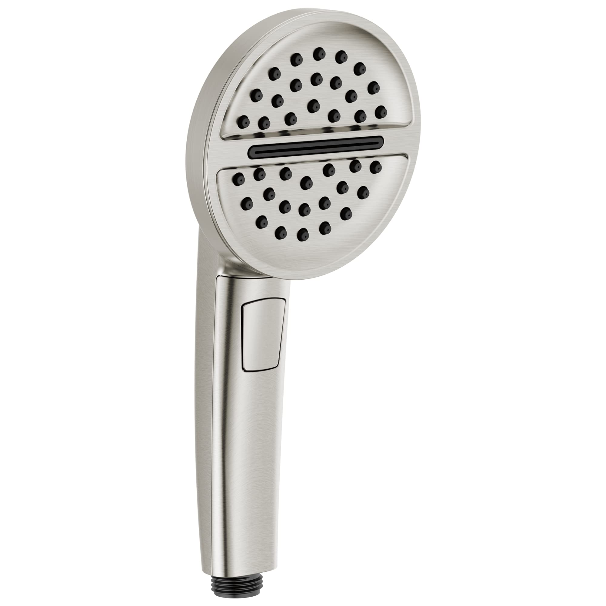 Brushed nickel hand shower with circular face, multiple spray holes, and black selector lever on handle.