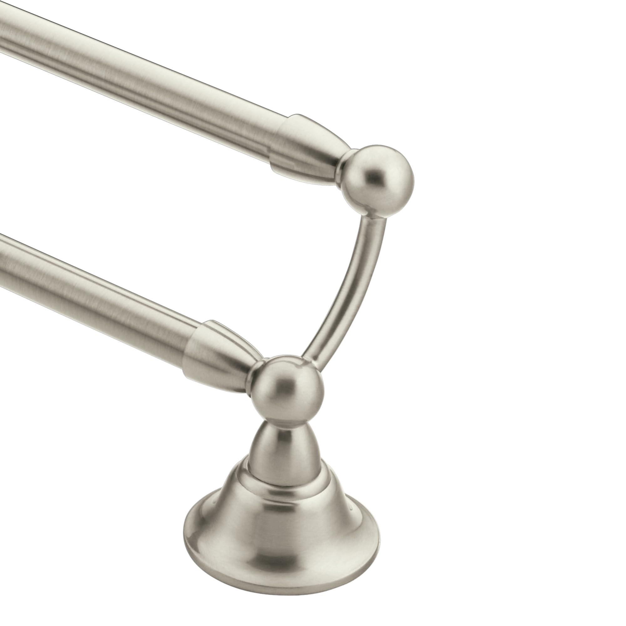 Brushed nickel double towel bar with two parallel horizontal bars and spherical end caps mounted on a pedestal base.