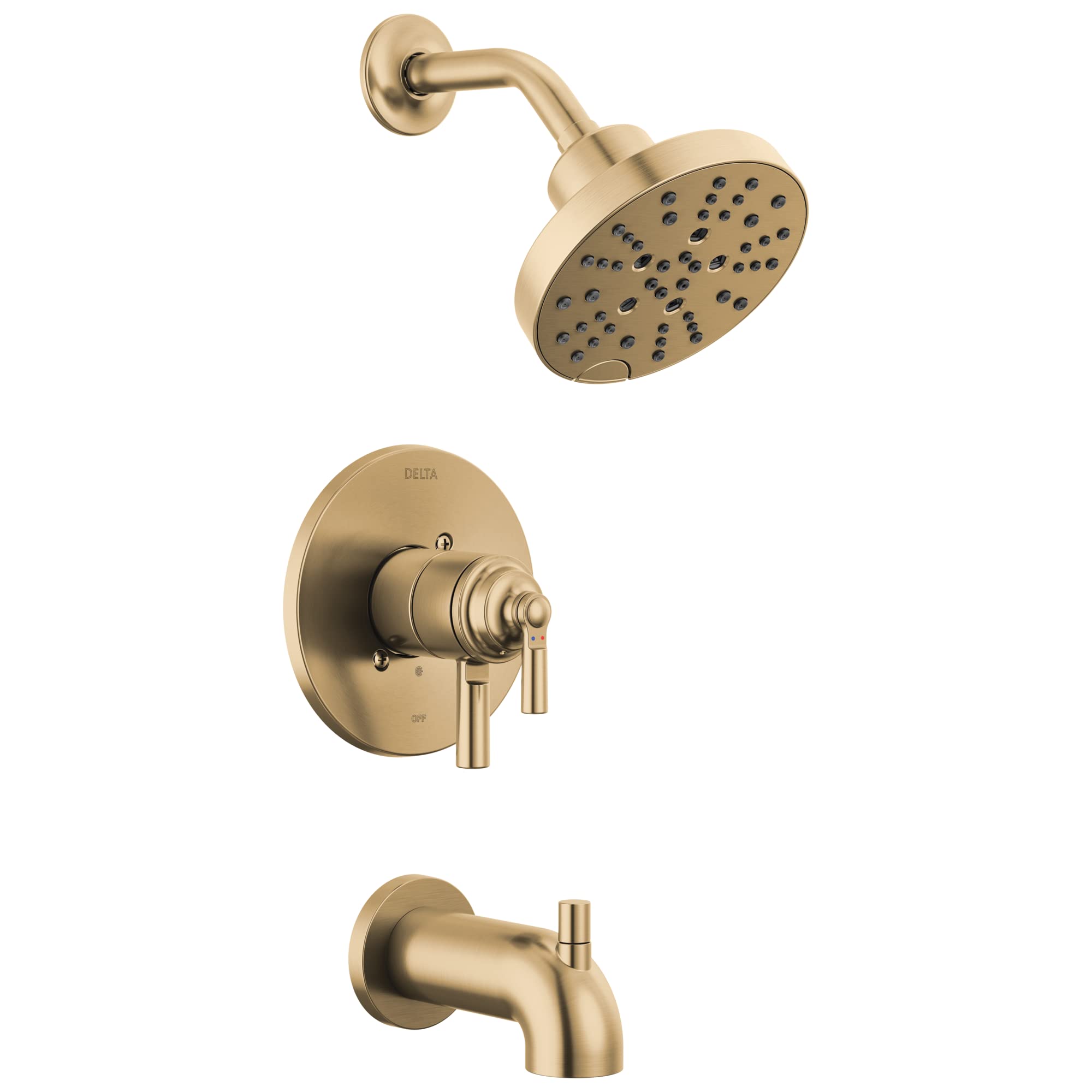 Champagne bronze tub and shower trim with round showerhead, valve control, and tub spout.