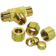 Brass tee connector assembly with male threads and accompanying hexagonal nuts and ferrule sleeves.
