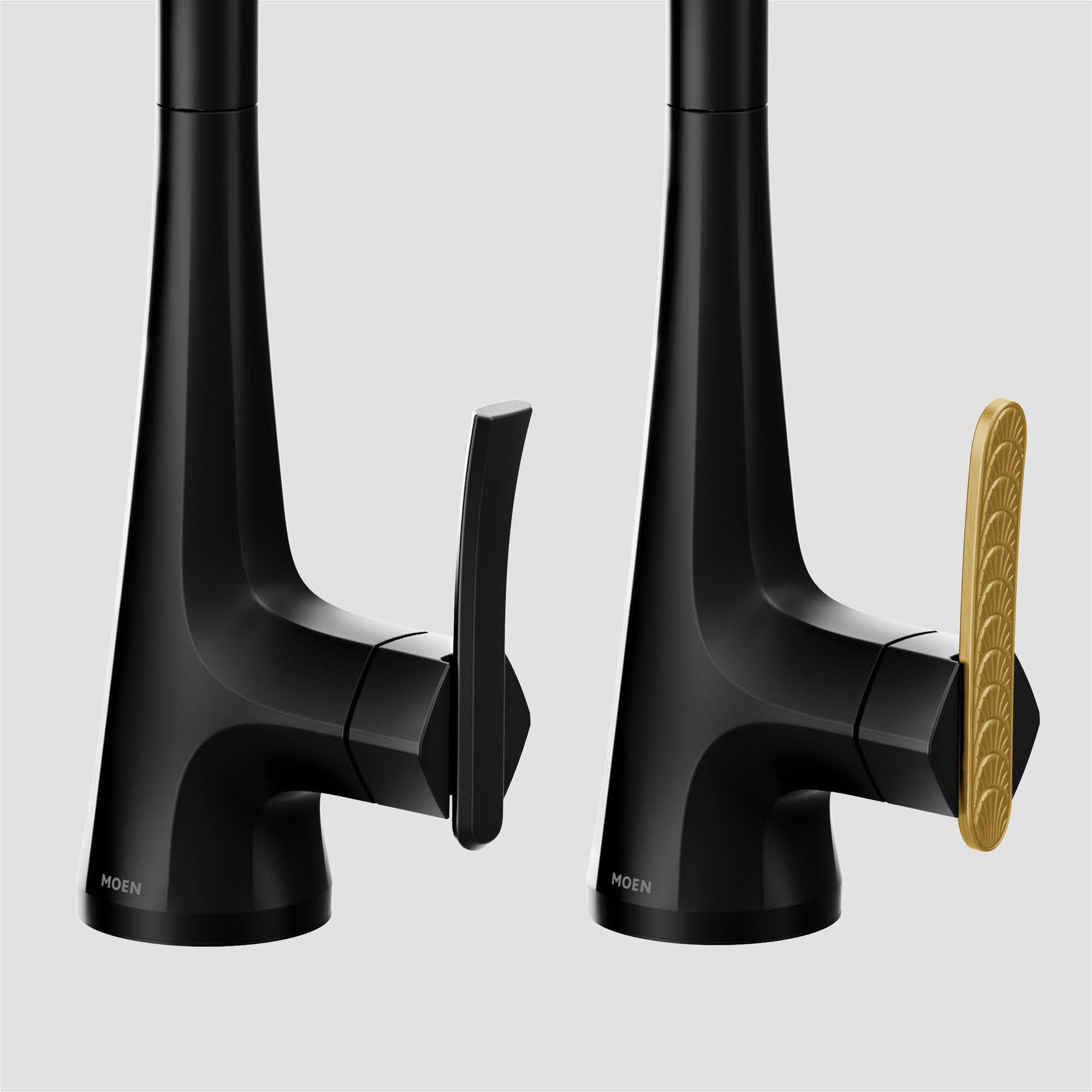 Matte black single-handle high arc faucet with pulldown spout shown in two positions with handle extended and retracted.