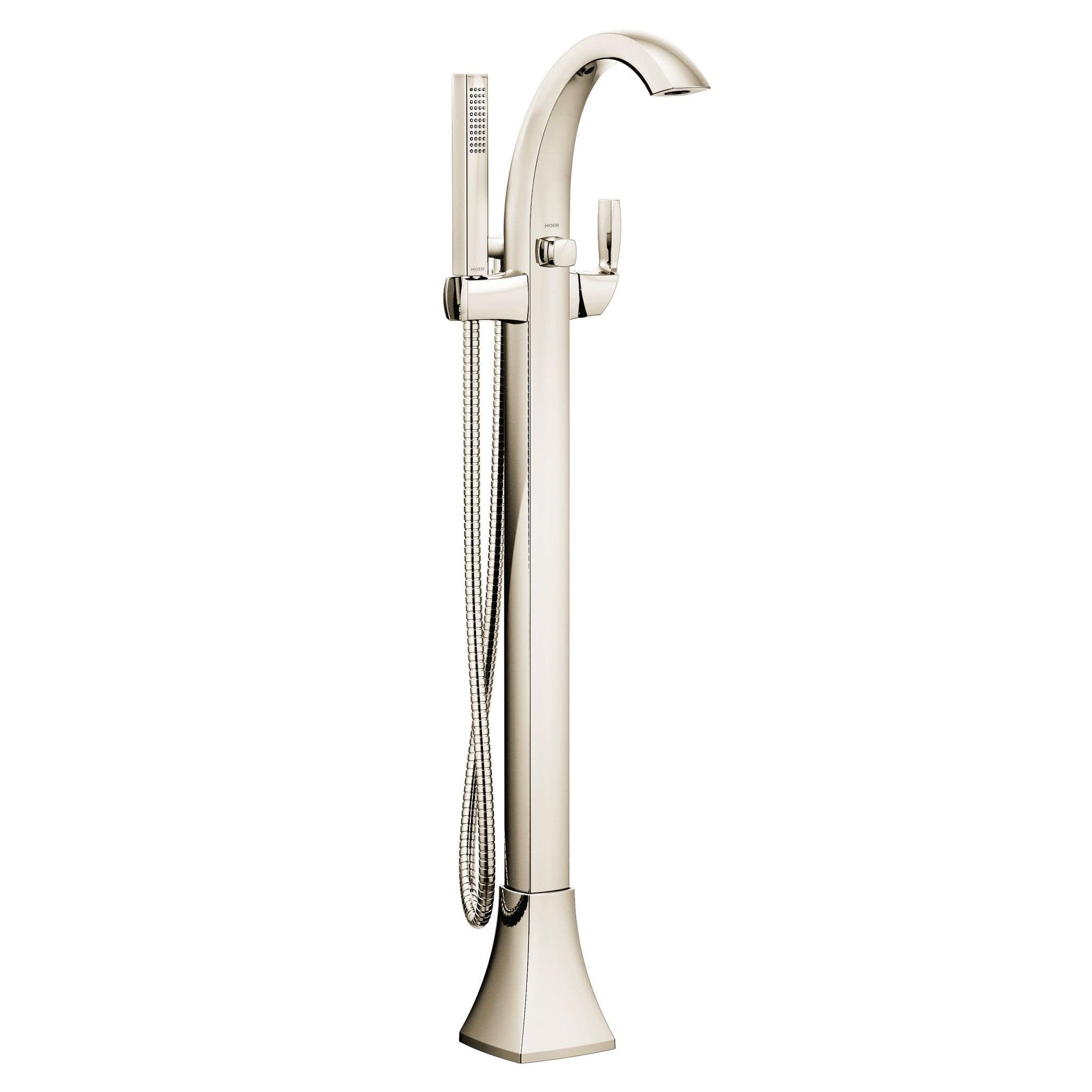 Polished nickel freestanding tub filler with curved spout, single handle, and detachable handshower on hose.