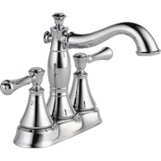Chrome two-handle bathroom faucet with curved spout, lever handles, and metal pop-up drain assembly.