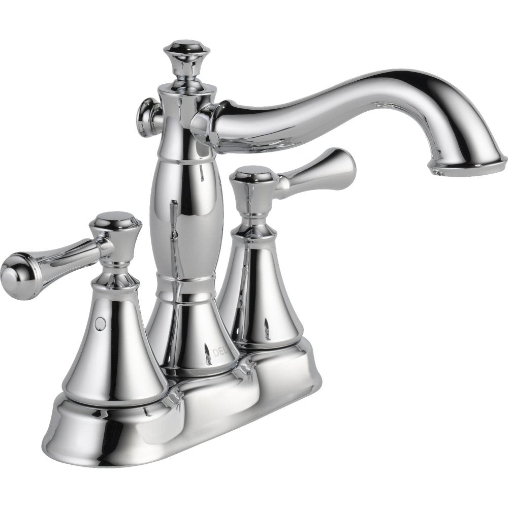 Chrome two-handle bathroom faucet with curved spout, lever handles, and metal pop-up drain assembly.