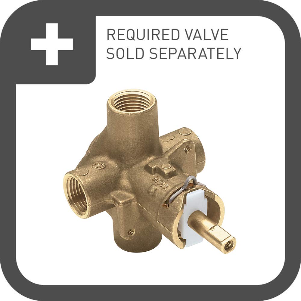 Brass valve body with threaded ports and adjustment lever for tub and shower applications.