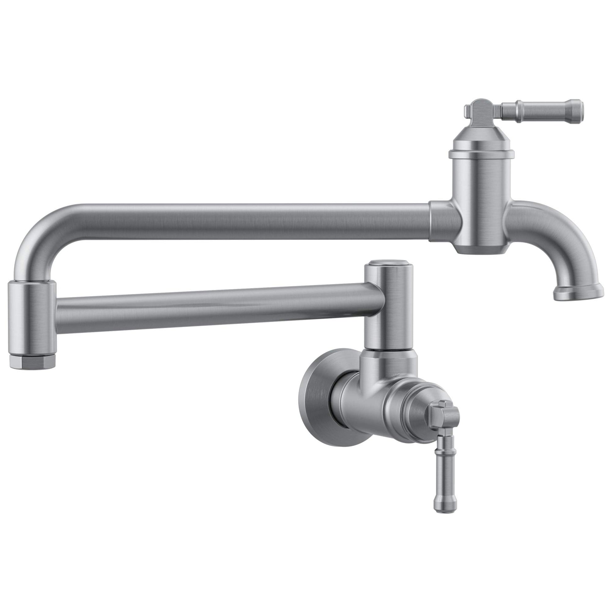 Stainless steel wall-mounted pot filler faucet with dual articulating arms and lever handles.