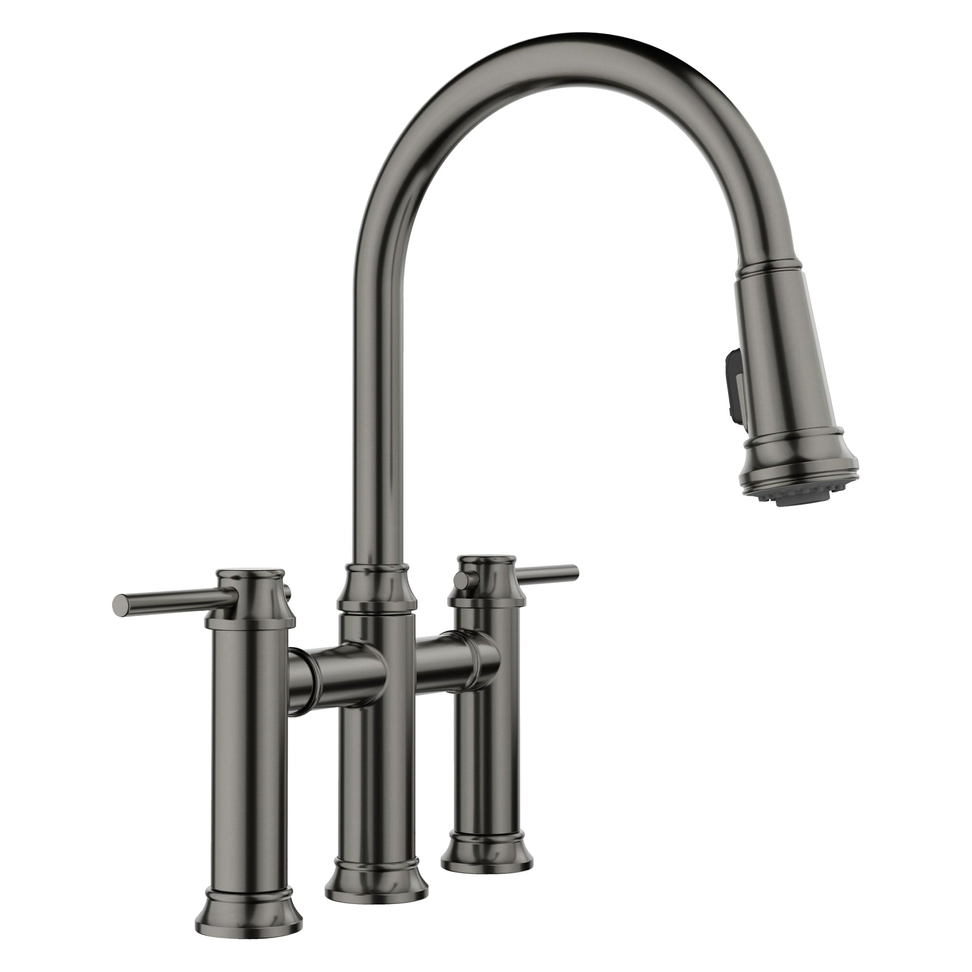 Satin dark steel bridge faucet with pull-down sprayer head and two side handles.