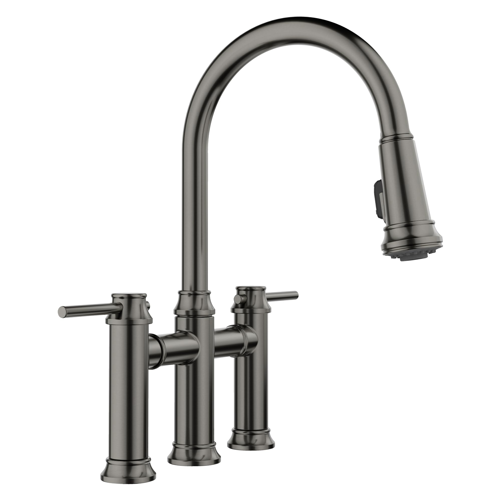 Satin dark steel bridge faucet with pull-down sprayer head and two side handles.