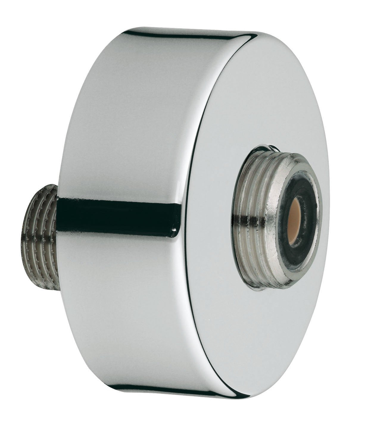 Chrome S-Union connector with male threaded ports on left and right sides.