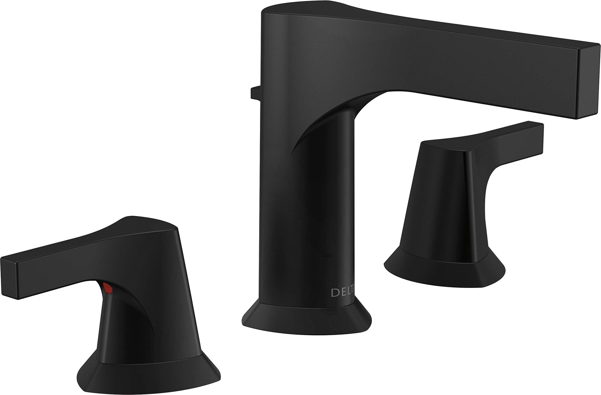 Black two-handle widespread bathroom faucet with rectangular spout and matching pop-up drain assembly.