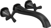 Black wall-mounted tub filler with curved spout and two cross handles.