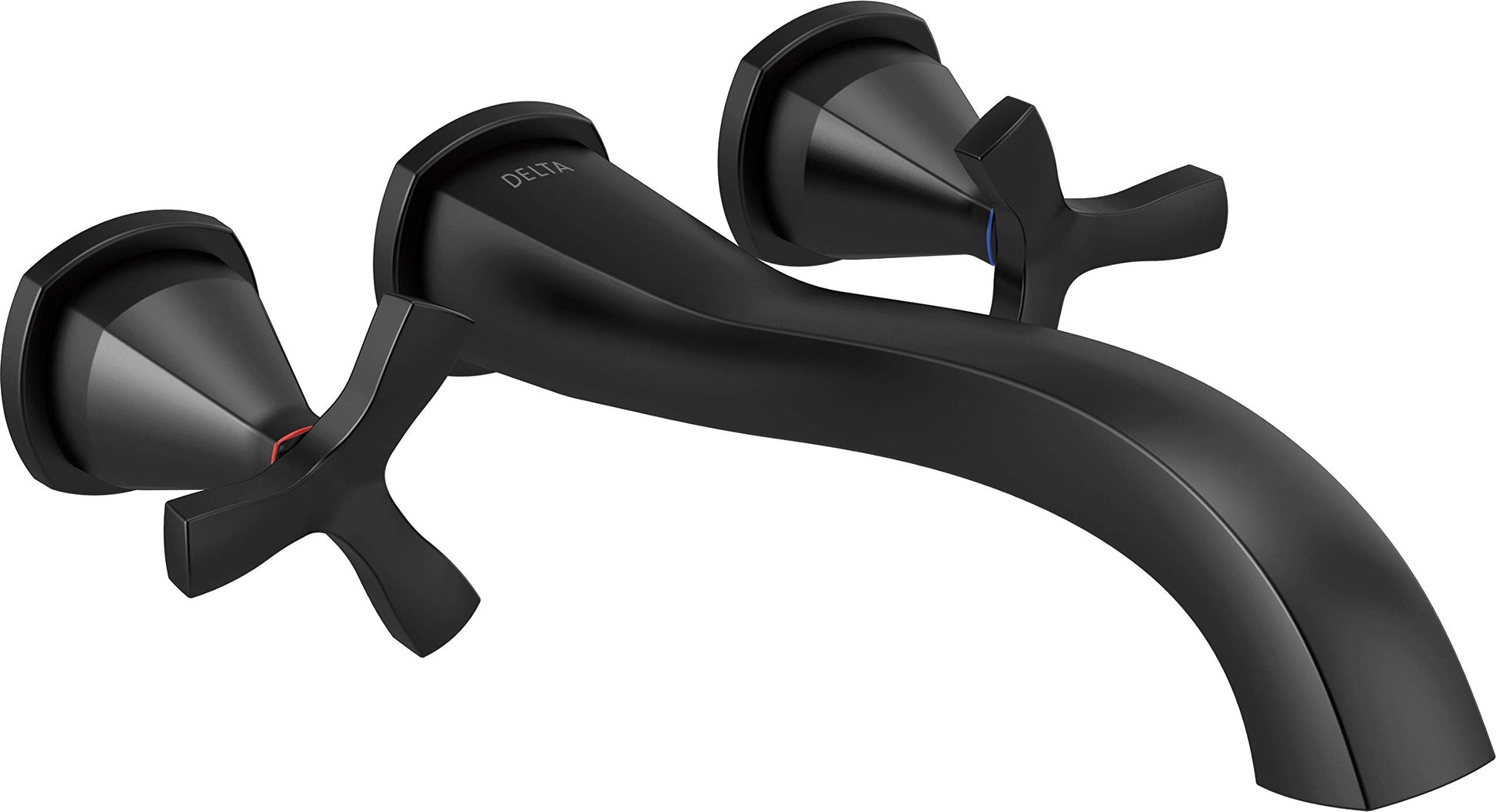 Black wall-mounted tub filler with curved spout and two cross handles.