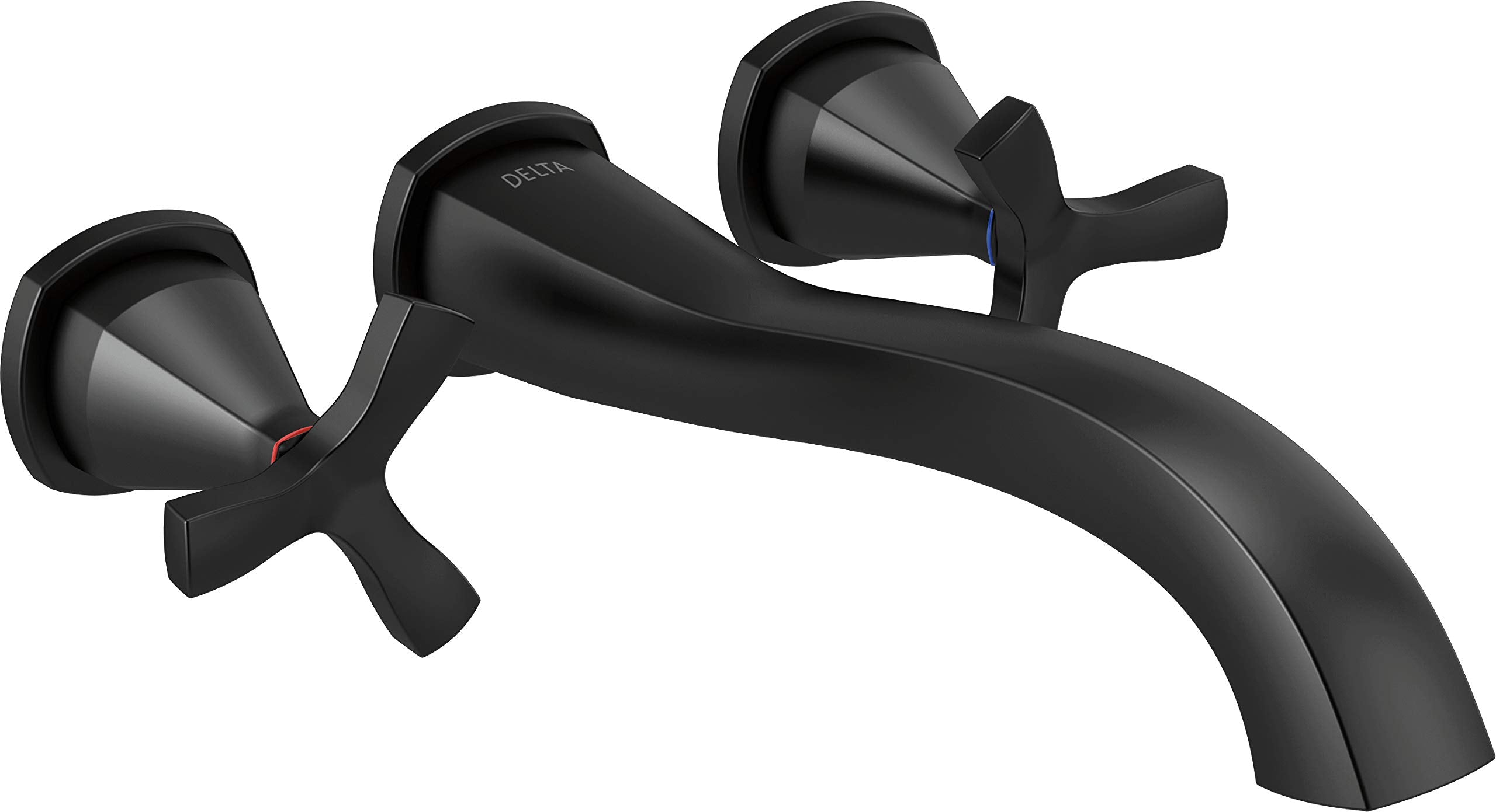 Black wall-mounted tub filler with curved spout and two cross handles.