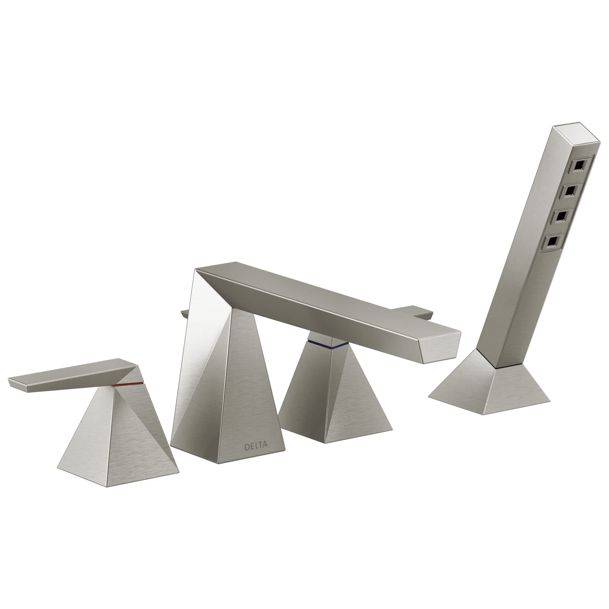 Chrome roman tub trim with two pyramid-shaped handles, spout, and tall hand shower head on right.