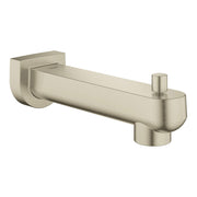 Brushed nickel tub spout with diverter valve and wall-mounted rectangular escutcheon plate.