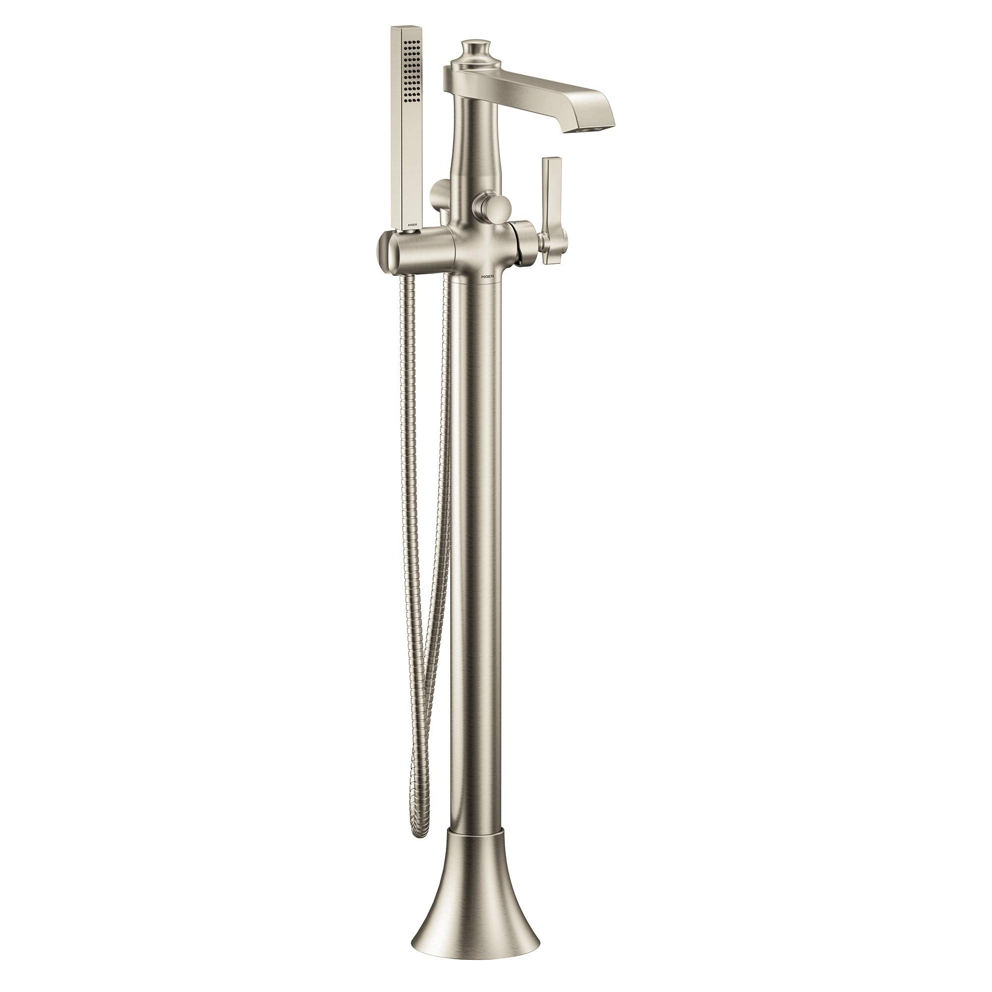 Brushed nickel freestanding floor mount tub filler with single handle, curved spout, and detachable handshower with hose.