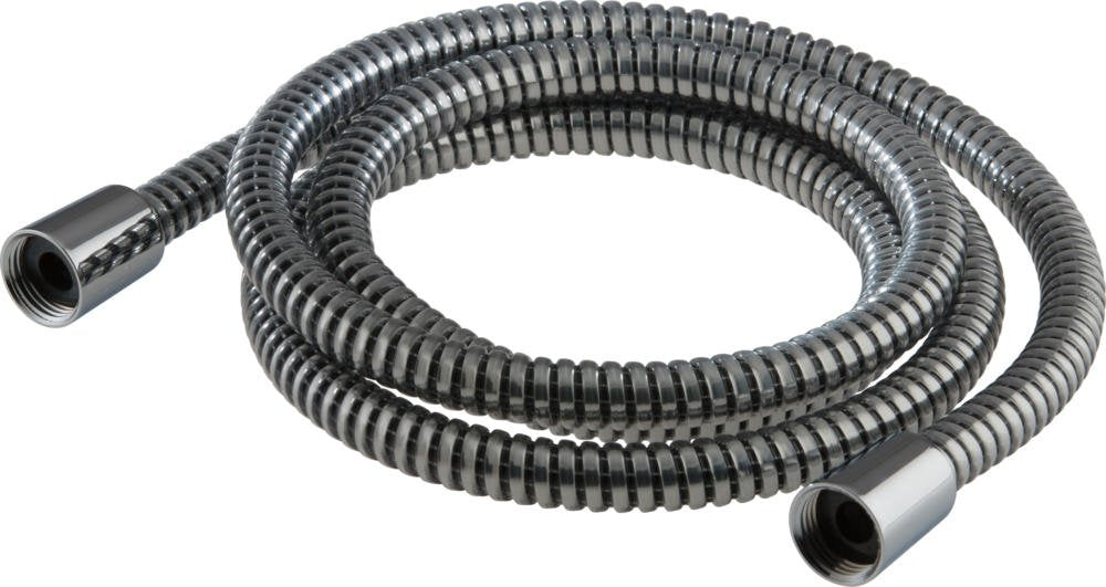 Chrome flexible shower hose with connectors at both ends, coiled arrangement, 69 inches long.