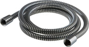 Chrome flexible shower hose with connectors at both ends, coiled arrangement, 69 inches long.