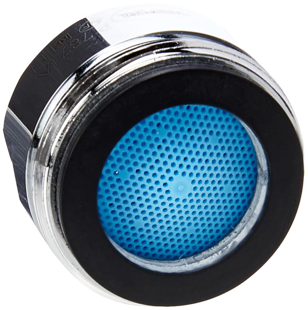 Grohe chrome flow control cartridge with blue perforated disc and black adjustment lever.