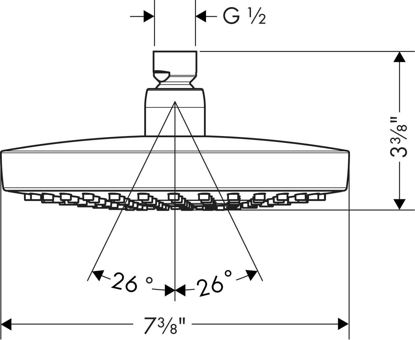 Hansgrohe Croma Select S 180 brushed nickel 2-jet showerhead with 7 3/8" diameter and G 1/2 connection, technical diagram.