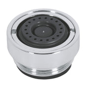 Chrome flow control cartridge with black rubber seal and perforated black internal disk, cylindrical design.