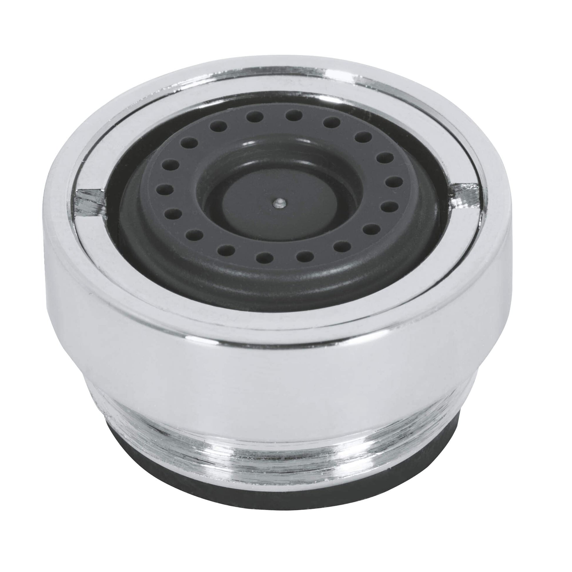 Chrome flow control cartridge with black rubber seal and perforated black internal disk, cylindrical design.