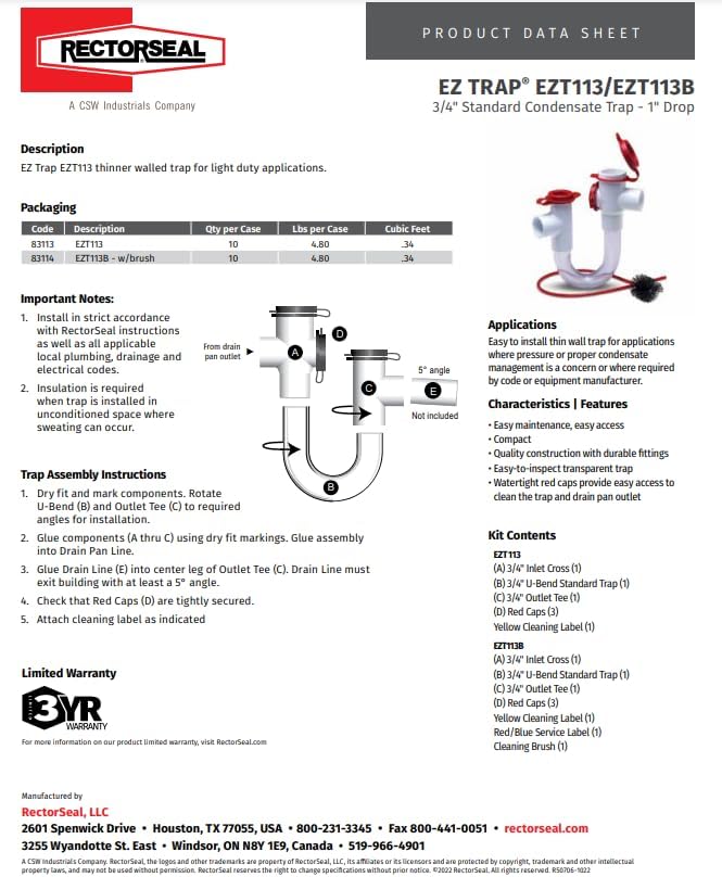 Rectorseal transparent S-trap kit with red inlet, outlet tee, drain line, red caps, and cleaning brush included.