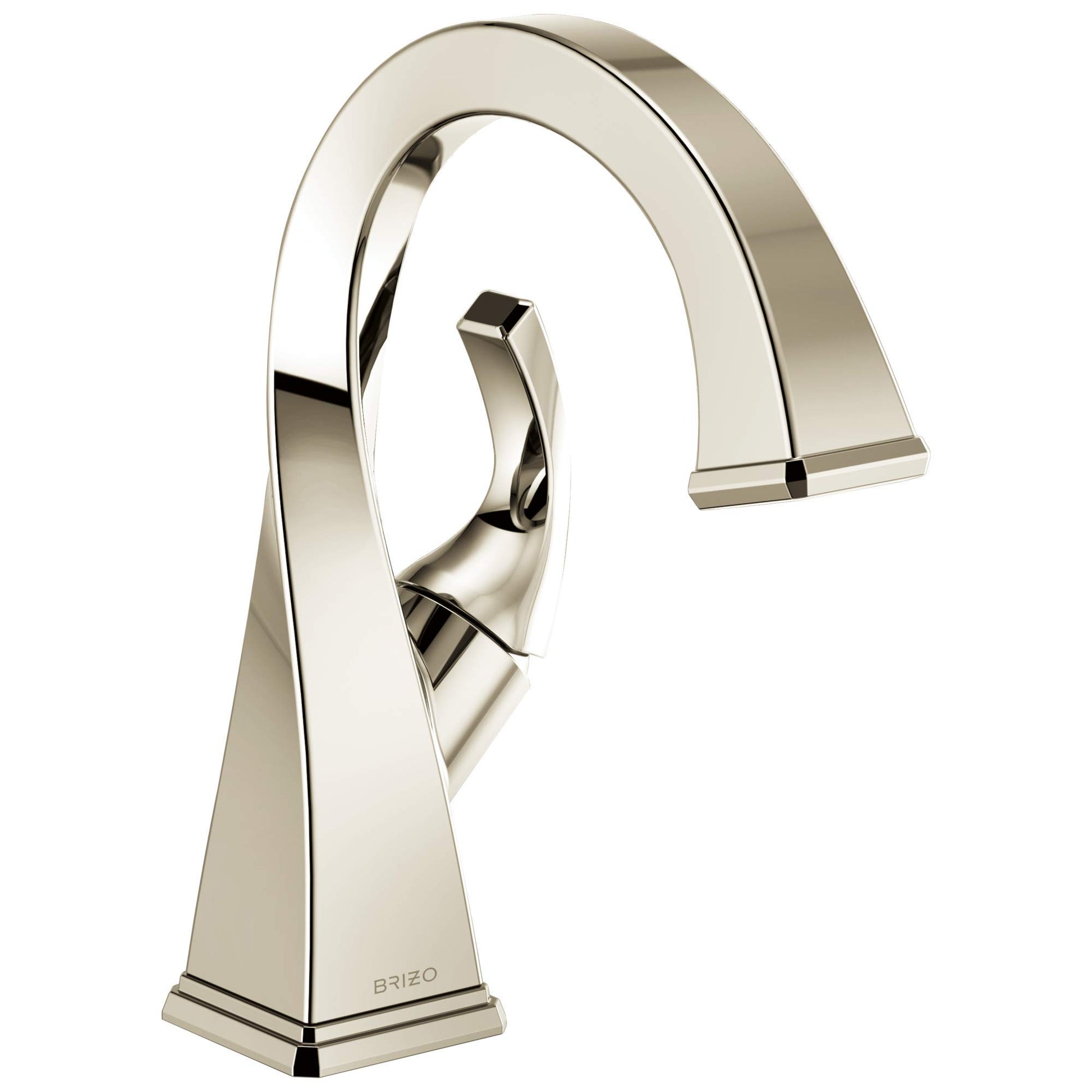 Polished nickel single-handle bathroom faucet with curved spout and rectangular base.