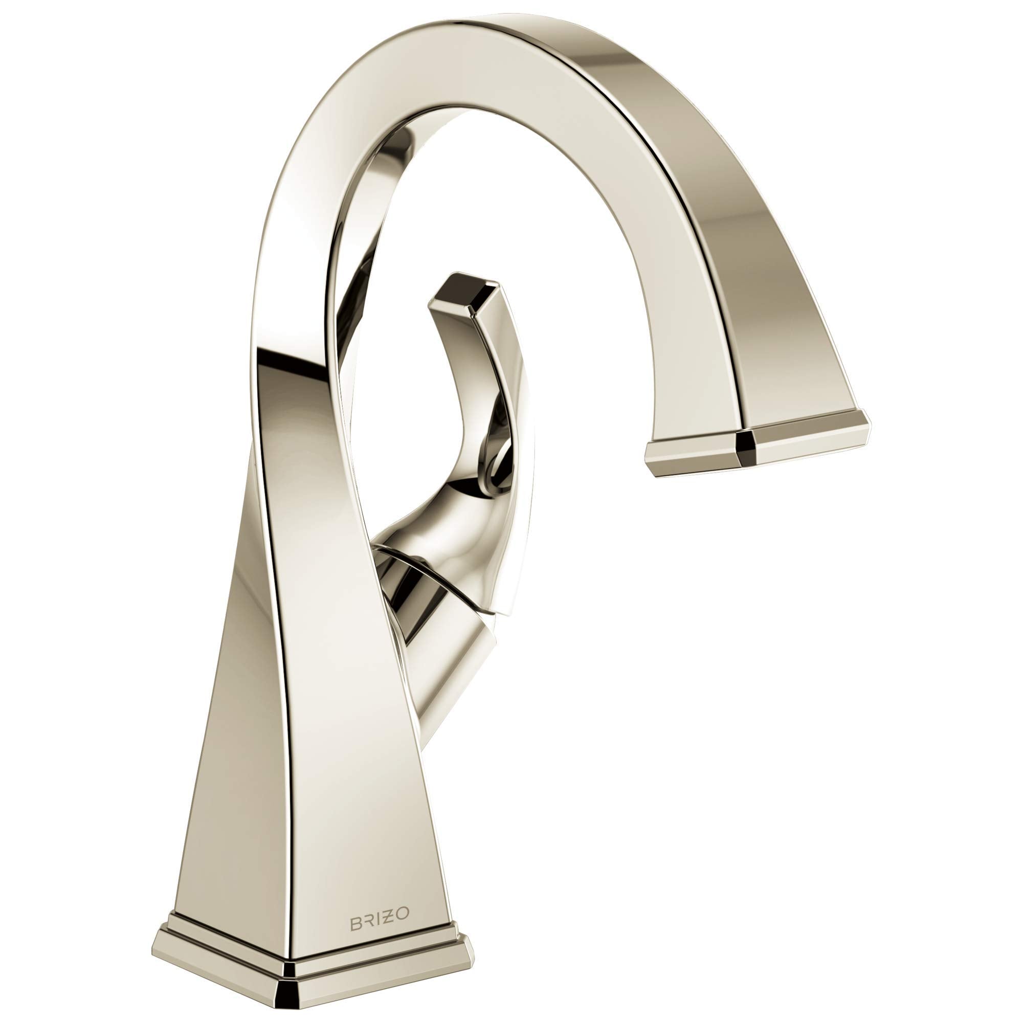 Polished nickel single-handle bathroom faucet with curved spout and rectangular base.