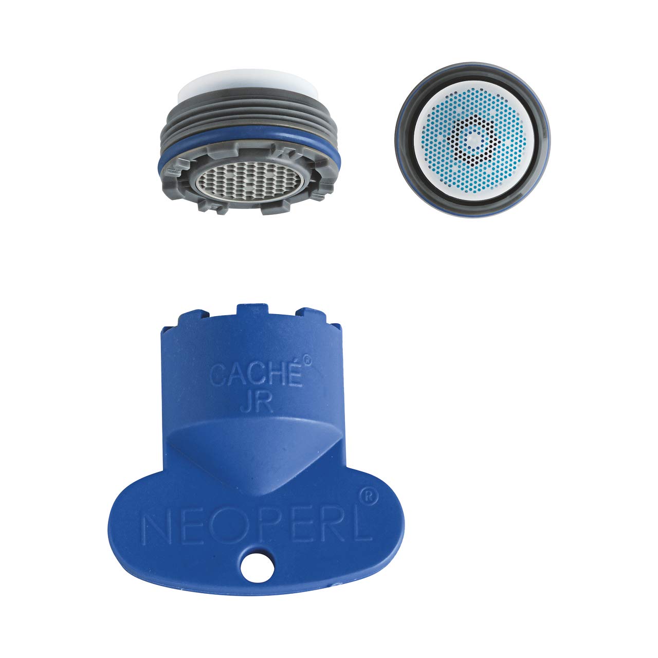 Chrome flow control aerator with gray and blue housing components and perforated screen insert.