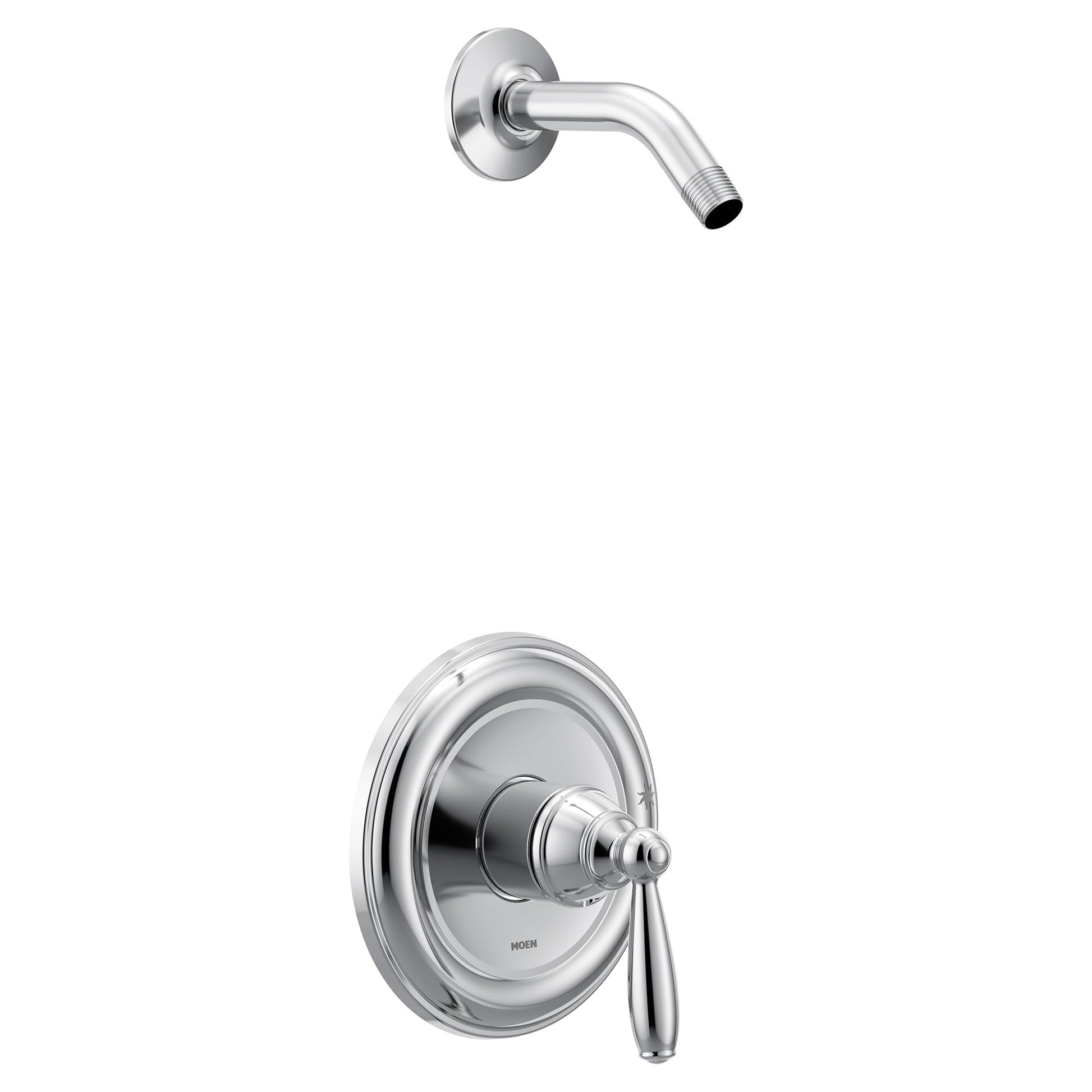 Chrome shower trim kit with single lever handle and curved shower arm mounted on circular wall plate.