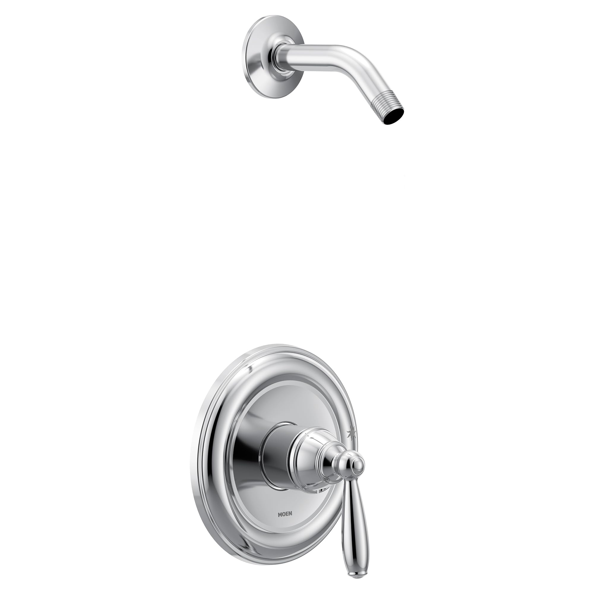 Chrome shower trim kit with single lever handle and curved shower arm mounted on circular wall plate.