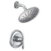 Chrome shower trim kit with round showerhead and single lever valve handle.