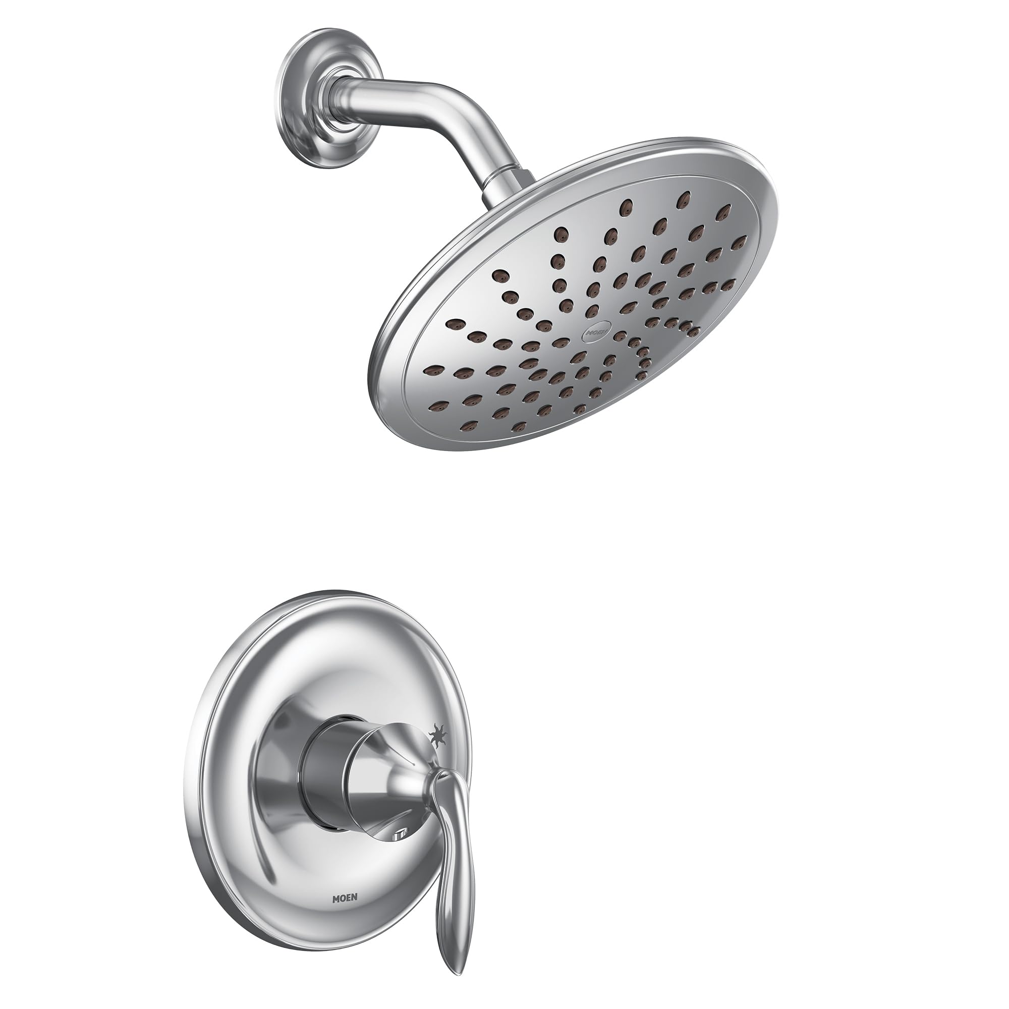 Chrome shower trim kit with round showerhead and single lever valve handle.