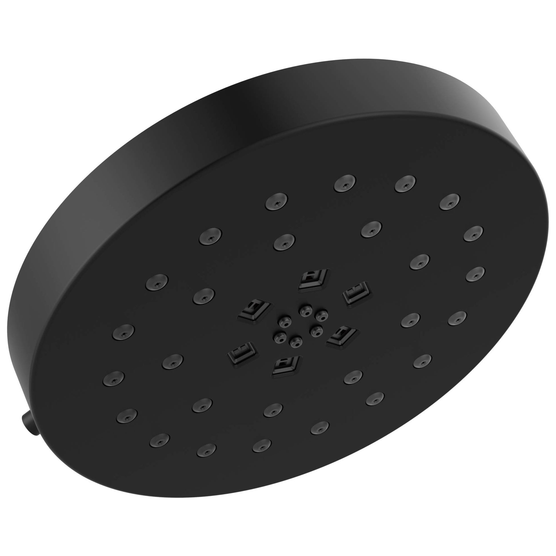 Black oval shower head with multiple spray nozzles arranged across the face and center control settings.