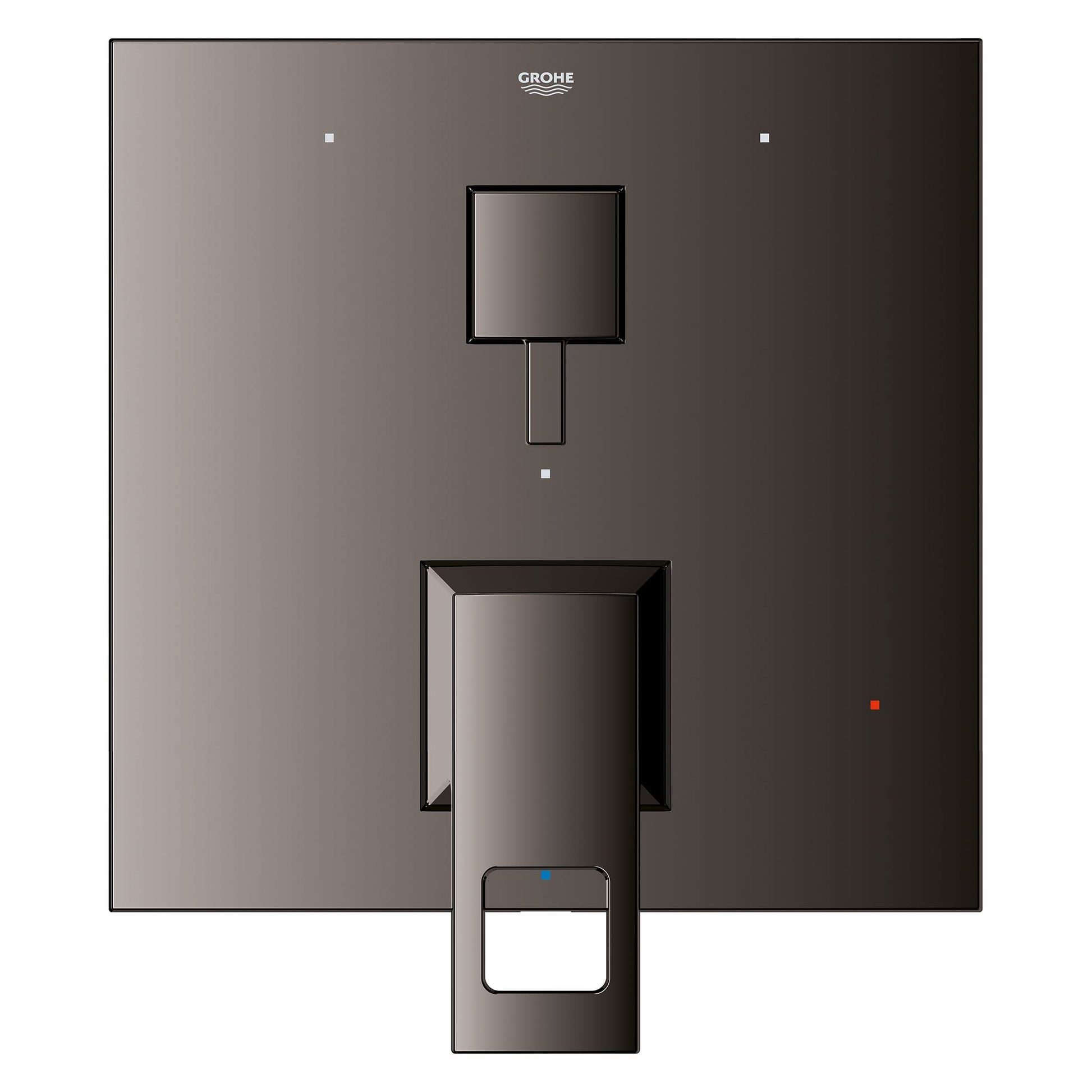 Grohe Eurocube hard graphite pressure balance valve trim with square control handles and 3-way diverter cartridge.