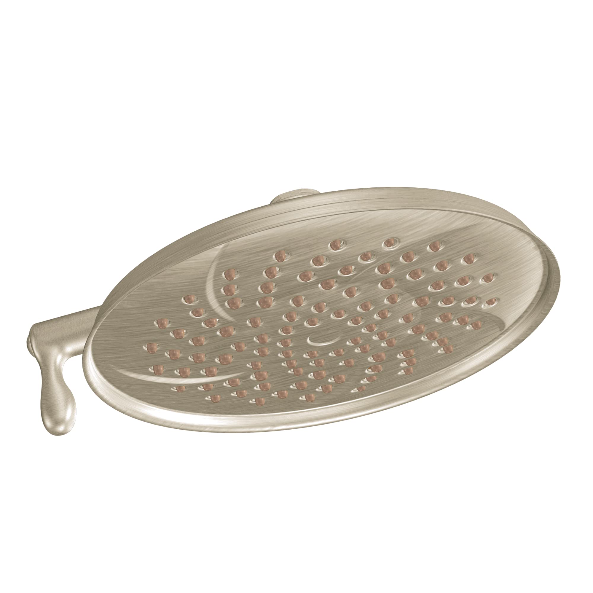 Brushed nickel oval showerhead with multiple spray holes and side lever handle.