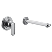 Chrome wall-mount tub filler with single lever handle and matching spout.