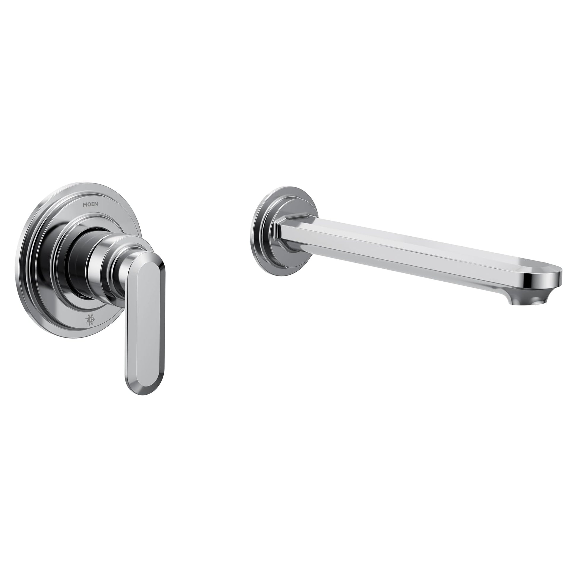 Chrome wall-mount tub filler with single lever handle and matching spout.