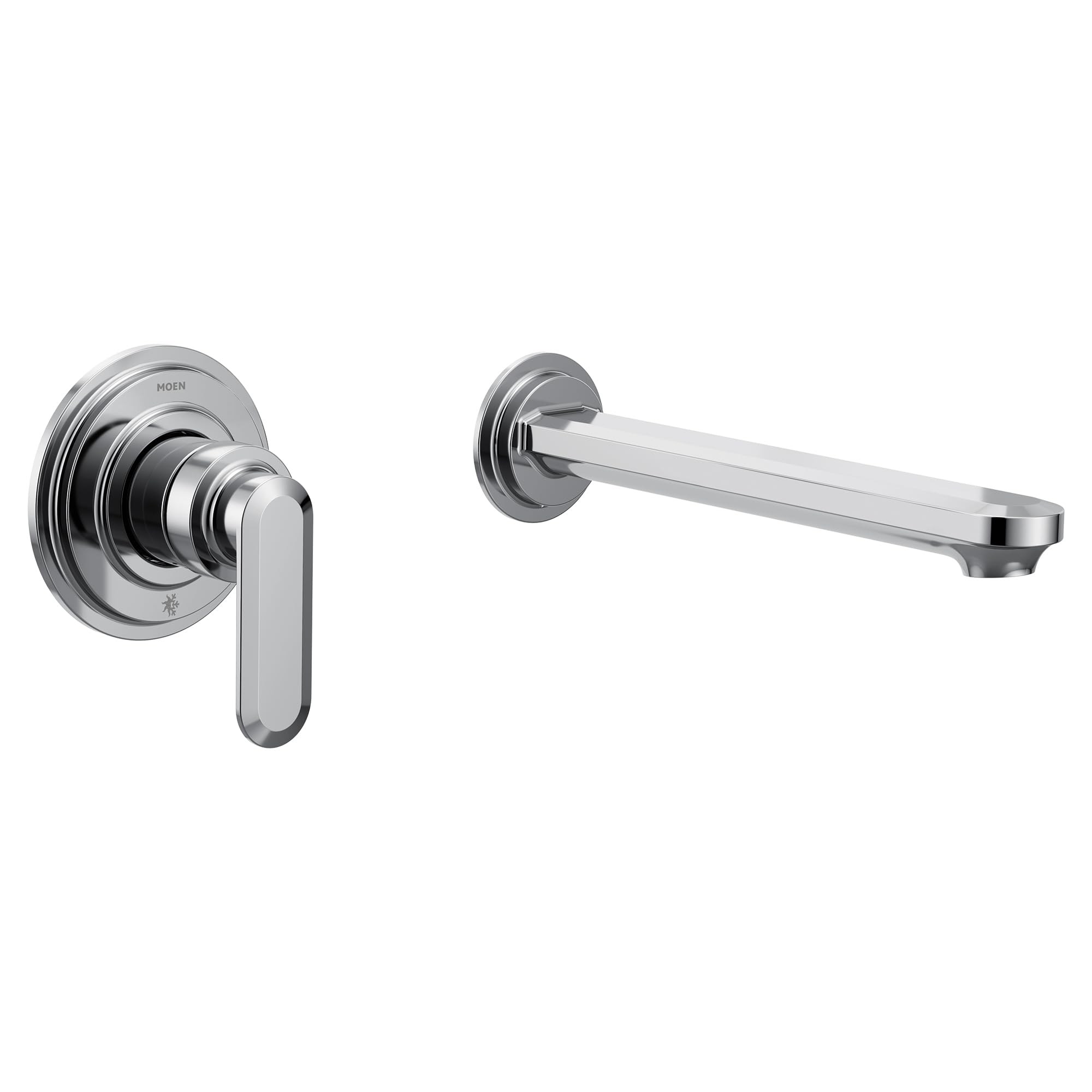 Chrome wall-mount tub filler with single lever handle and matching spout.