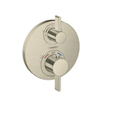 Brushed nickel thermostatic shower valve trim with dual circular knobs and temperature indicator marking.