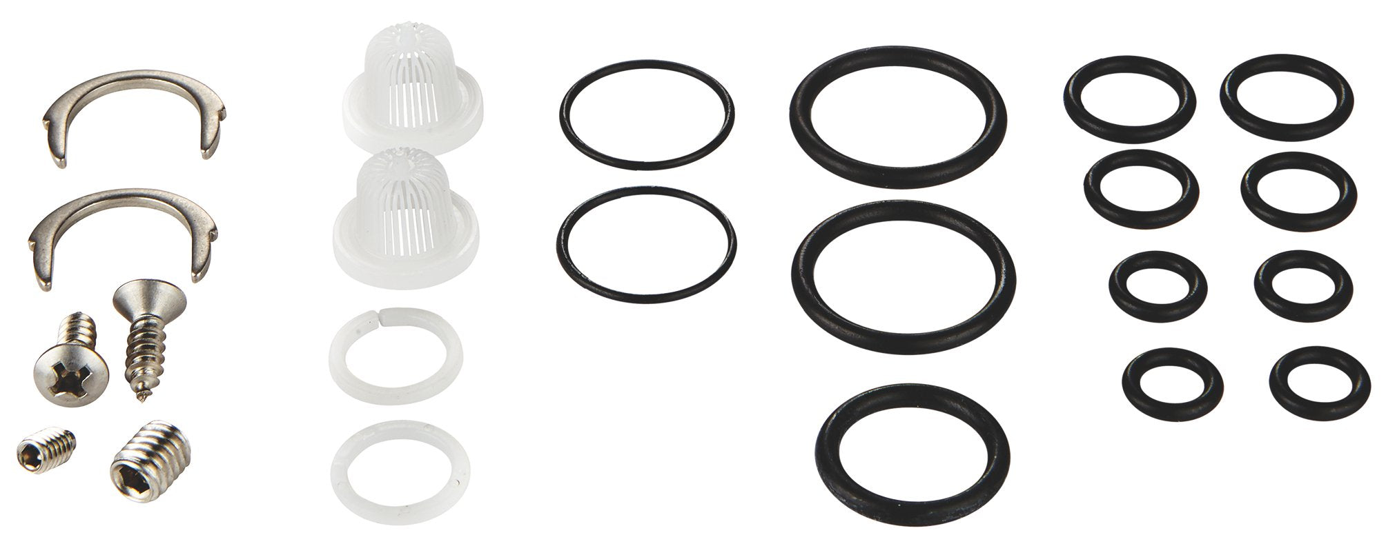 Grohe seal kit containing metal clips, clear dome aerator screens, white and black rubber o-rings, and brass fasteners.