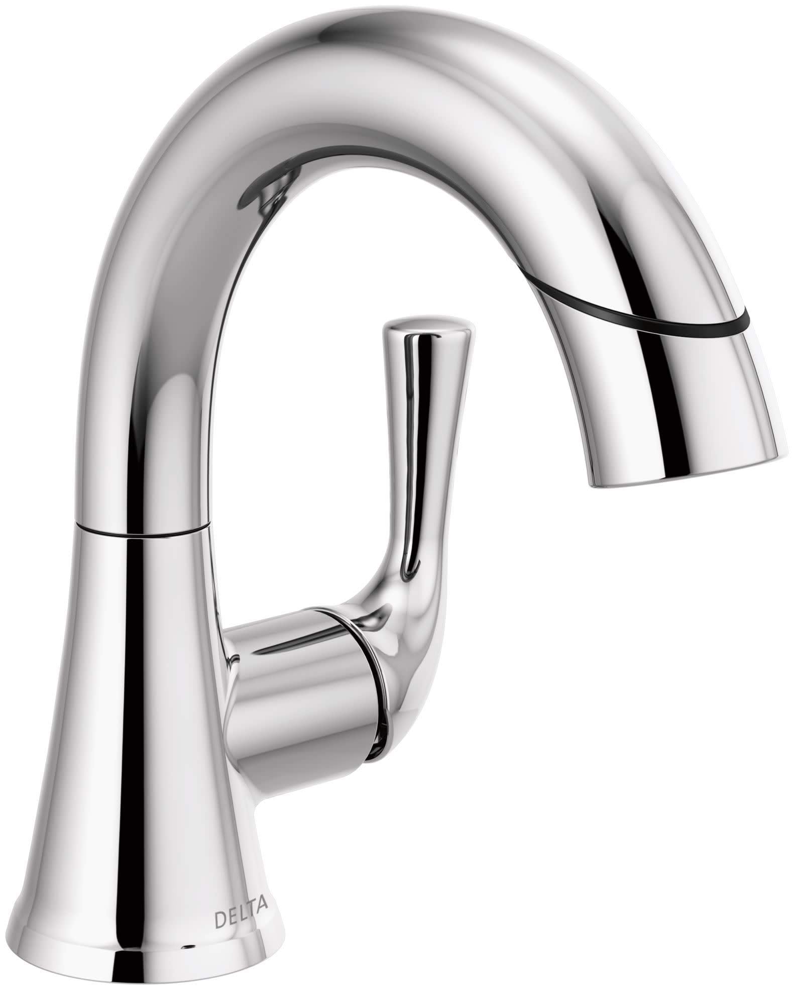 Chrome pull-down bathroom faucet with single handle and curved spout in extended position.