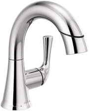Chrome pull-down bathroom faucet with single handle and curved spout in extended position.