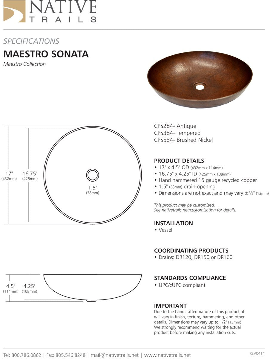 Antique copper vessel sink with hammered bowl shape and center drain opening, 17 inches diameter.